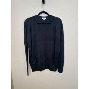 Denim & Co. Womens V-Neck Sweater Black Long Sleeve Pullover Pocket Detail M